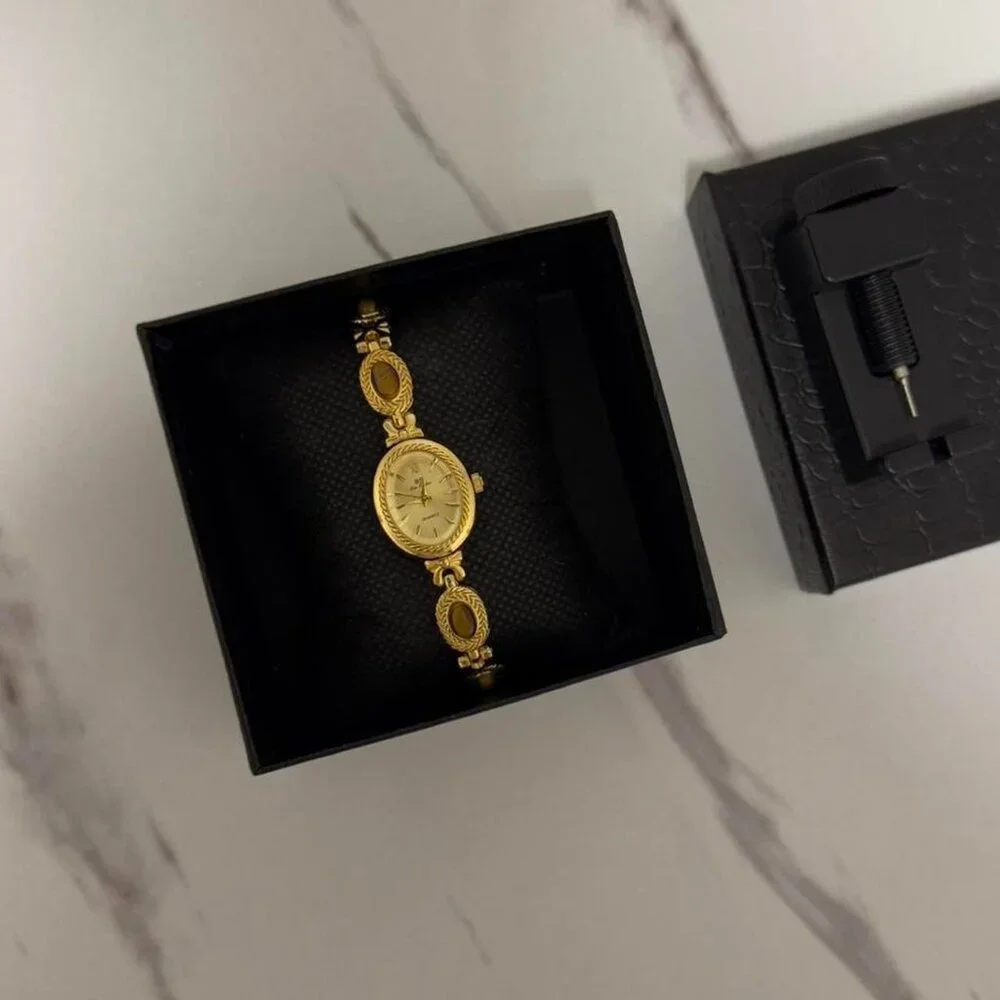 Sku0461‎ gold mini watch bracelet with brown natural stone inserts vintage style